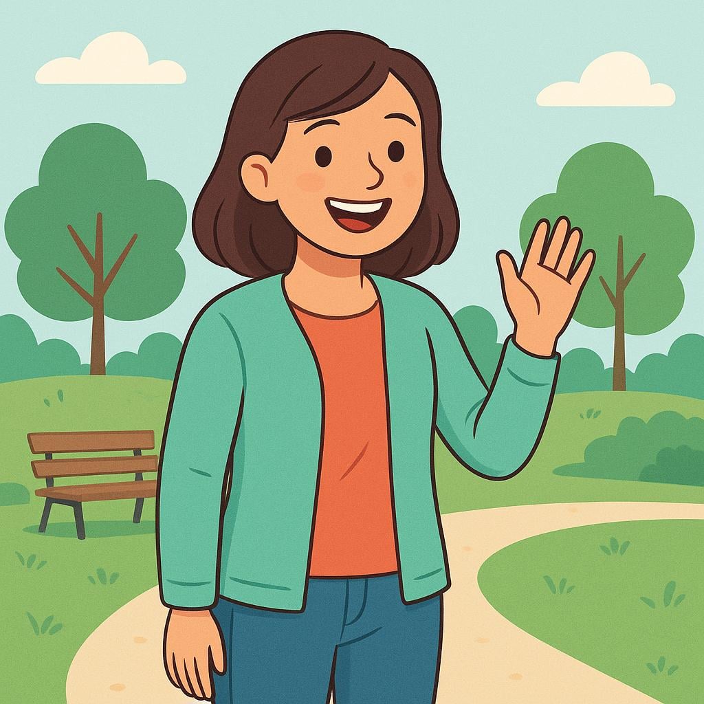 A young woman standing in a park, smiling widely and waving enthusiastically, showing clear recognition of a familiar face.
