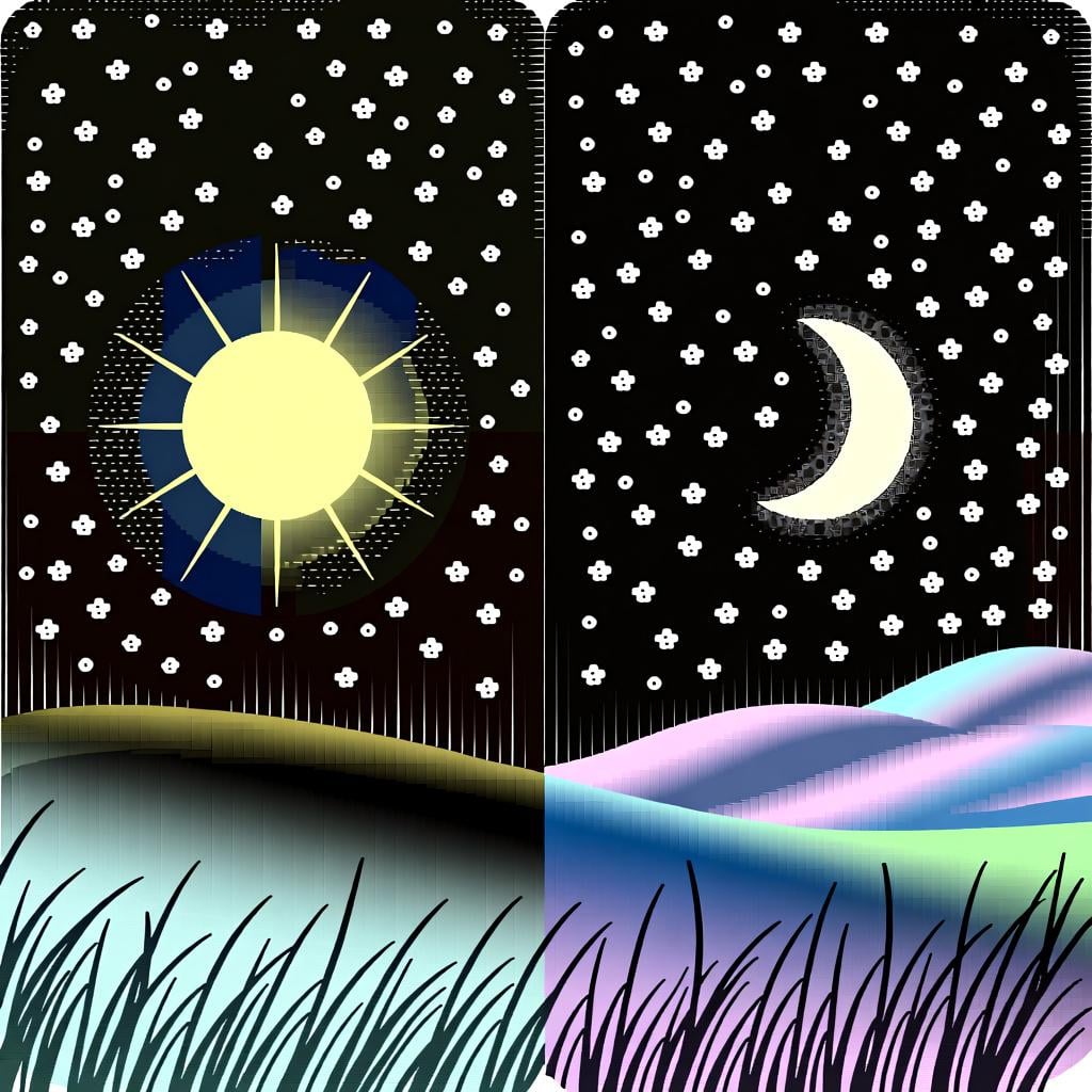 A sun on the left and a moon on the right of a simple landscape, representing the passage of time from day to night.