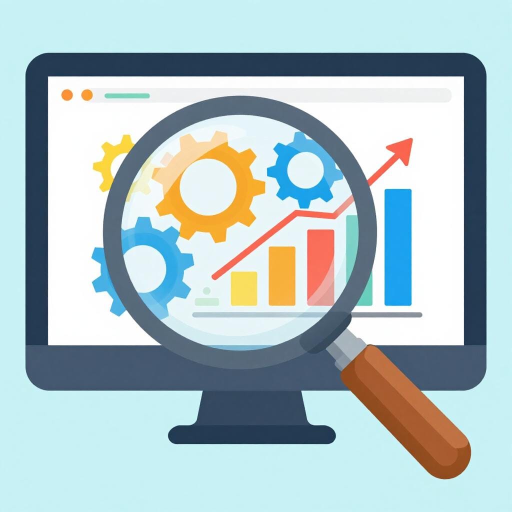 A magnifying glass hovering over a vibrant computer monitor showing colorful icons and gears.