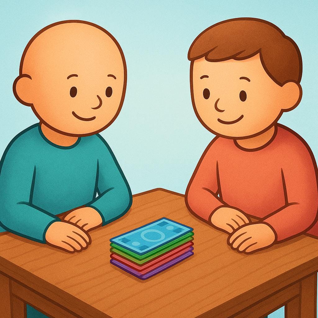 Due personaggi stilizzati guardano felici una pila di banconote colorate appoggiate su un tavolo davanti a loro.