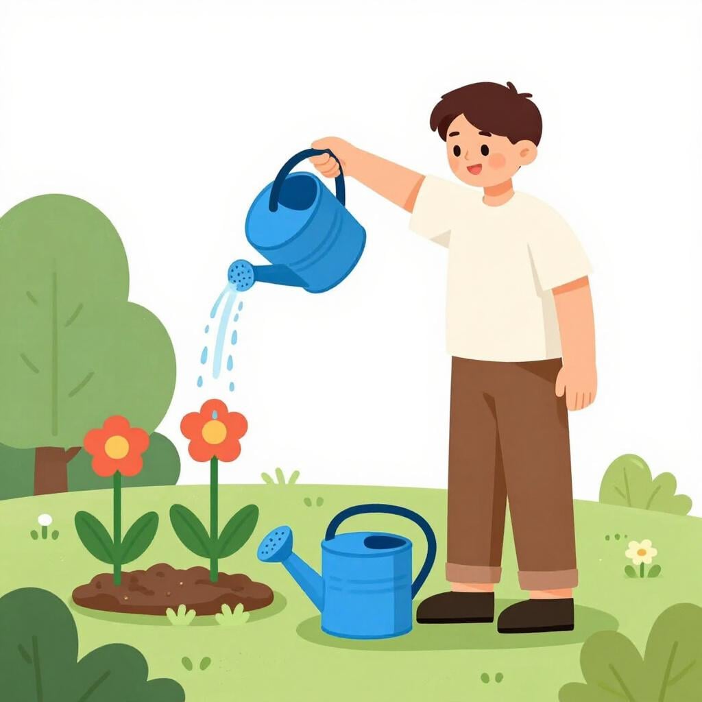 A colorful storybook illustration of a man trying to water a plant with an empty bucket while a full watering can sits right next to him.