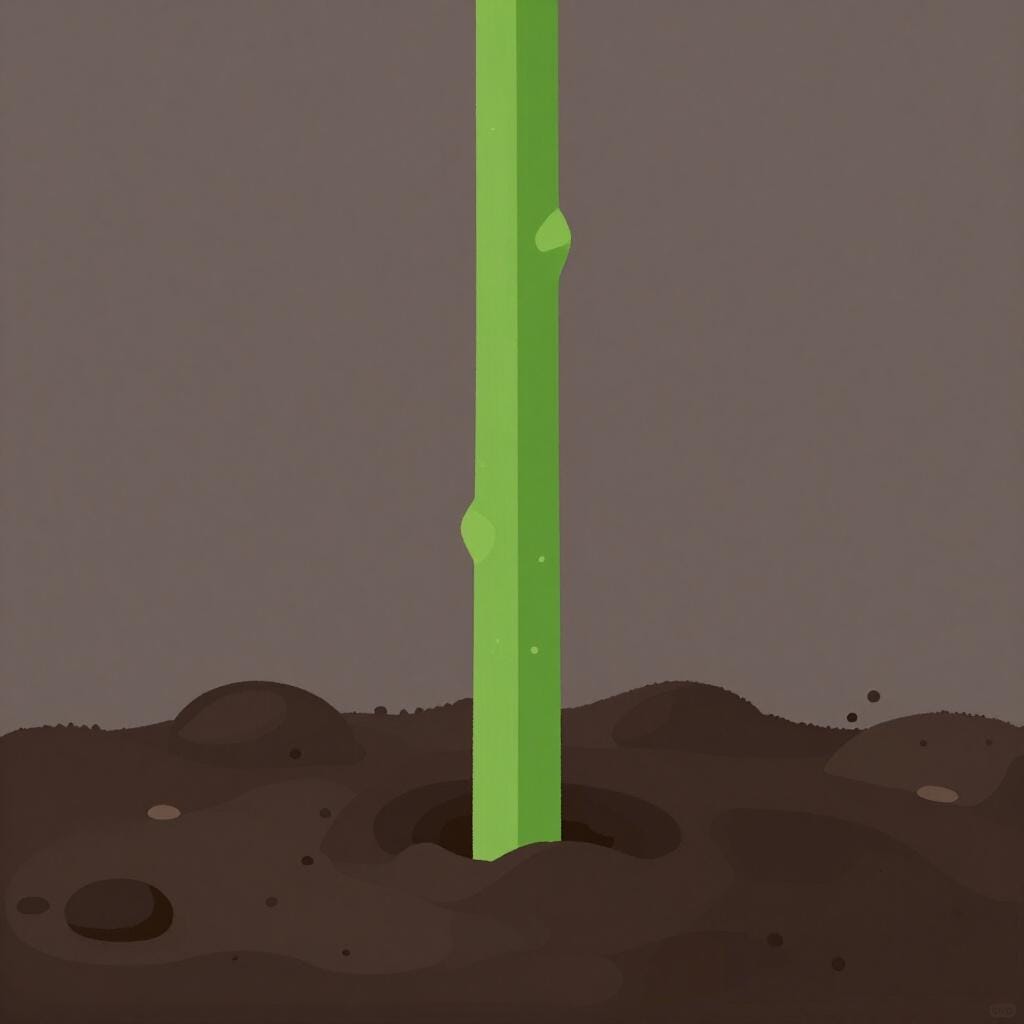 A single green plant stem standing tall and perfectly upright in a patch of soil.