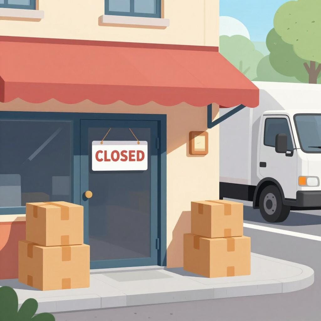 A shopkeeper putting a closed sign on a door and boxes of goods stacked on the sidewalk.