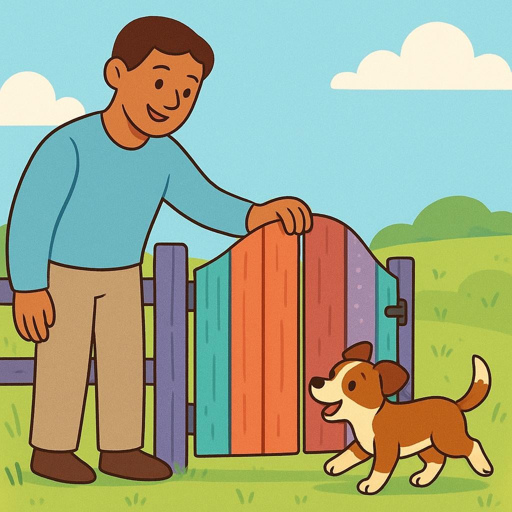 A smiling adult holding open a colorful wooden gate, gesturing for a small, excited puppy to run through into a grassy field.
