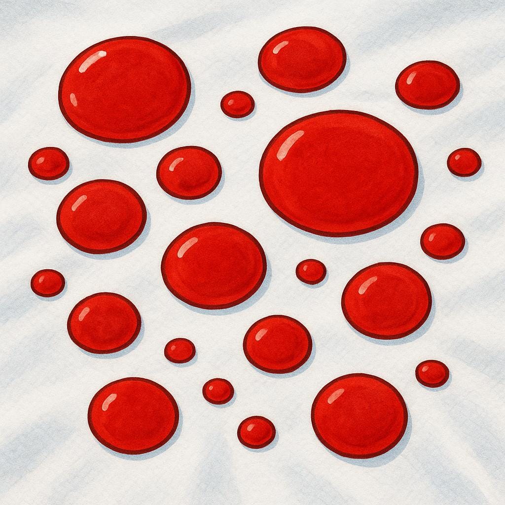 A white tablecloth with multiple visible red stains scattered across the surface.