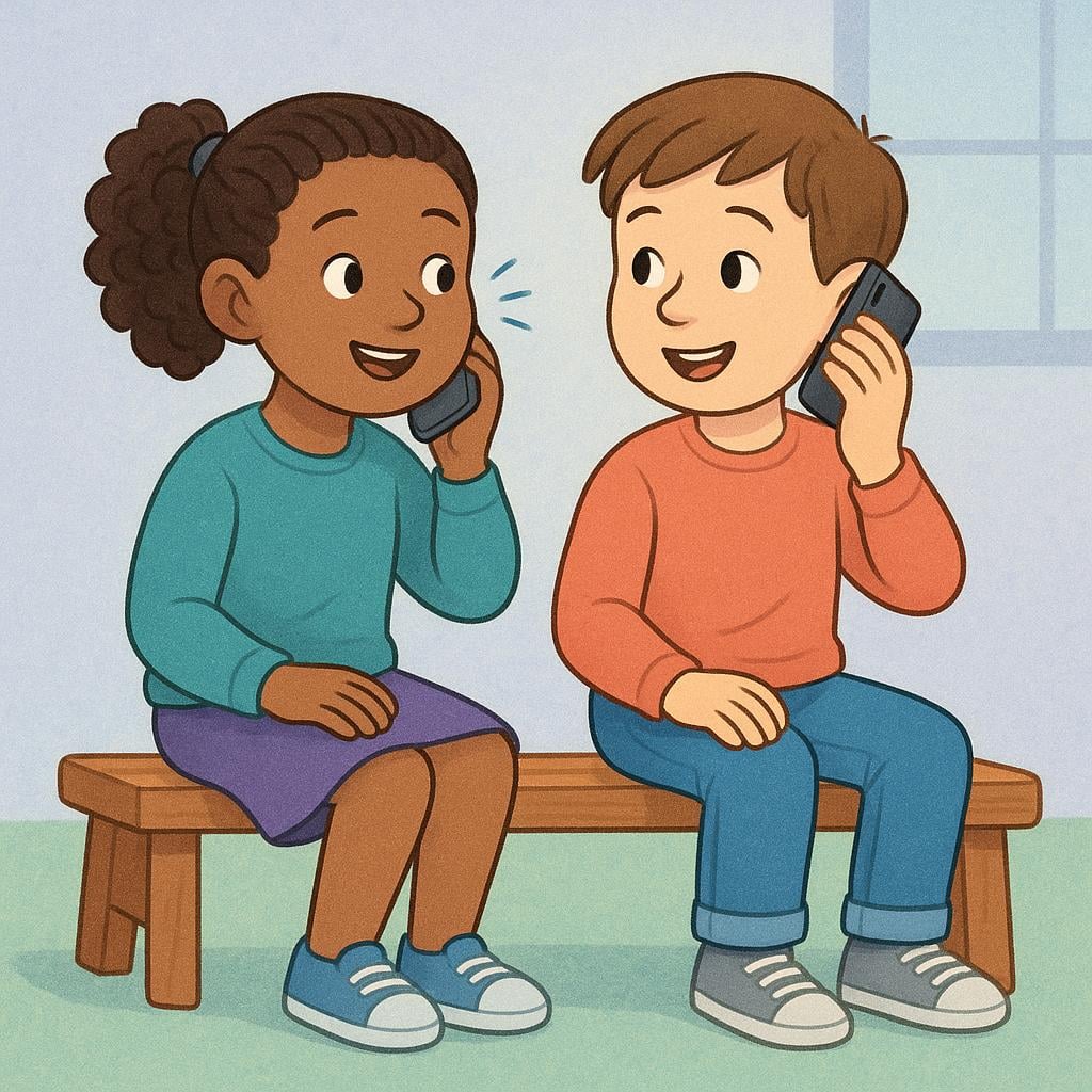 A storybook illustration showing two people simultaneously using cell phones to talk to others.