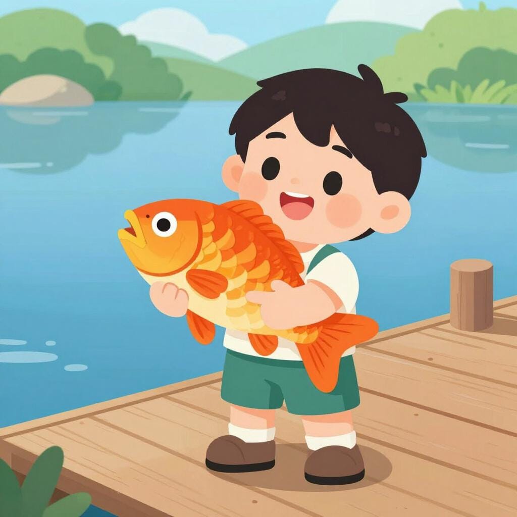 Un bambino indica un pesce grosso che ha catturato, mostrandolo a un amico scettico.