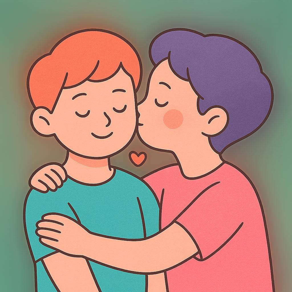 A simple illustration showing two cartoon characters affectionately kissing on the cheek.