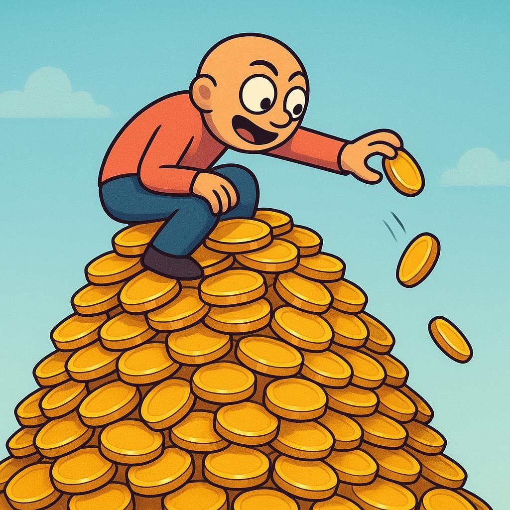 A stylized person sitting on an enormous, unstable pile of bright gold coins, grasping for one additional coin, illustrating excessive desire or greed.