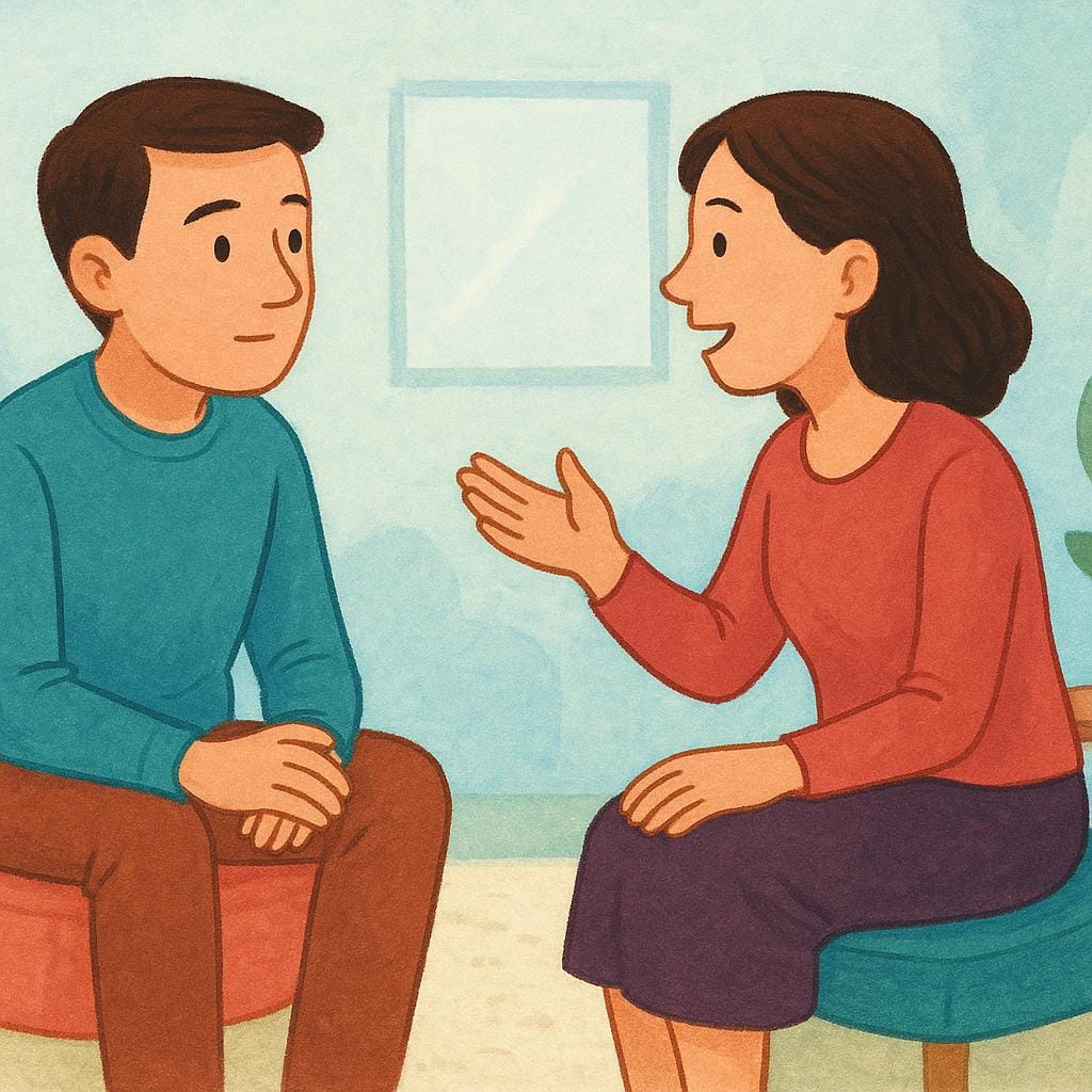 شخصيتان بسيطتان تجلسان مقابل بعضهما البعض بأسلوب كتاب قصص ملون. شخصية تتحدث بهدوء، والأخرى تميل إلى الأمام بتعبير منتبه، وتركز بوضوح على الاستماع.