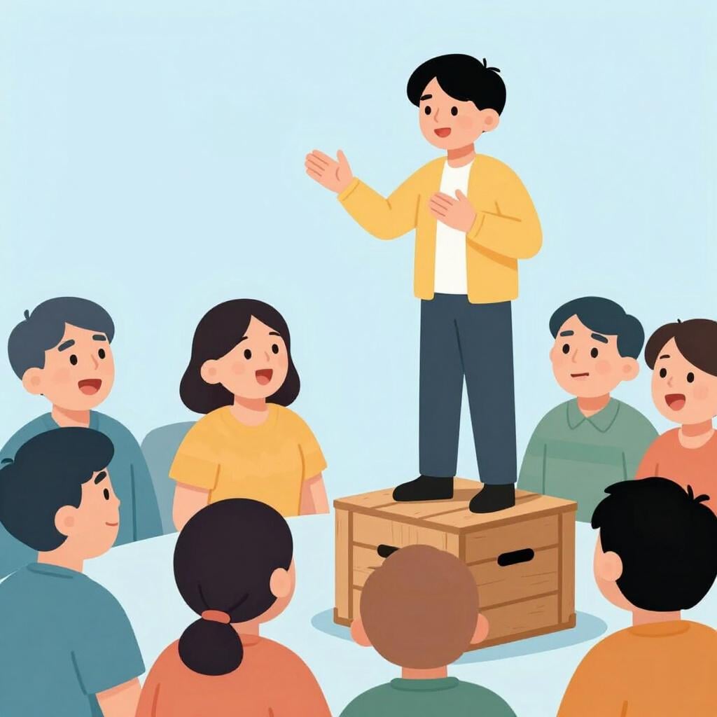 Eine wütende Person steht auf einem Seifenkasten mit einem Megafon und gestikuliert leidenschaftlich zu einer Menge.