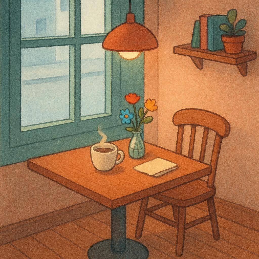 A cozy cafe corner bathed in warm, soft light, illustrating a pleasant atmosphere.