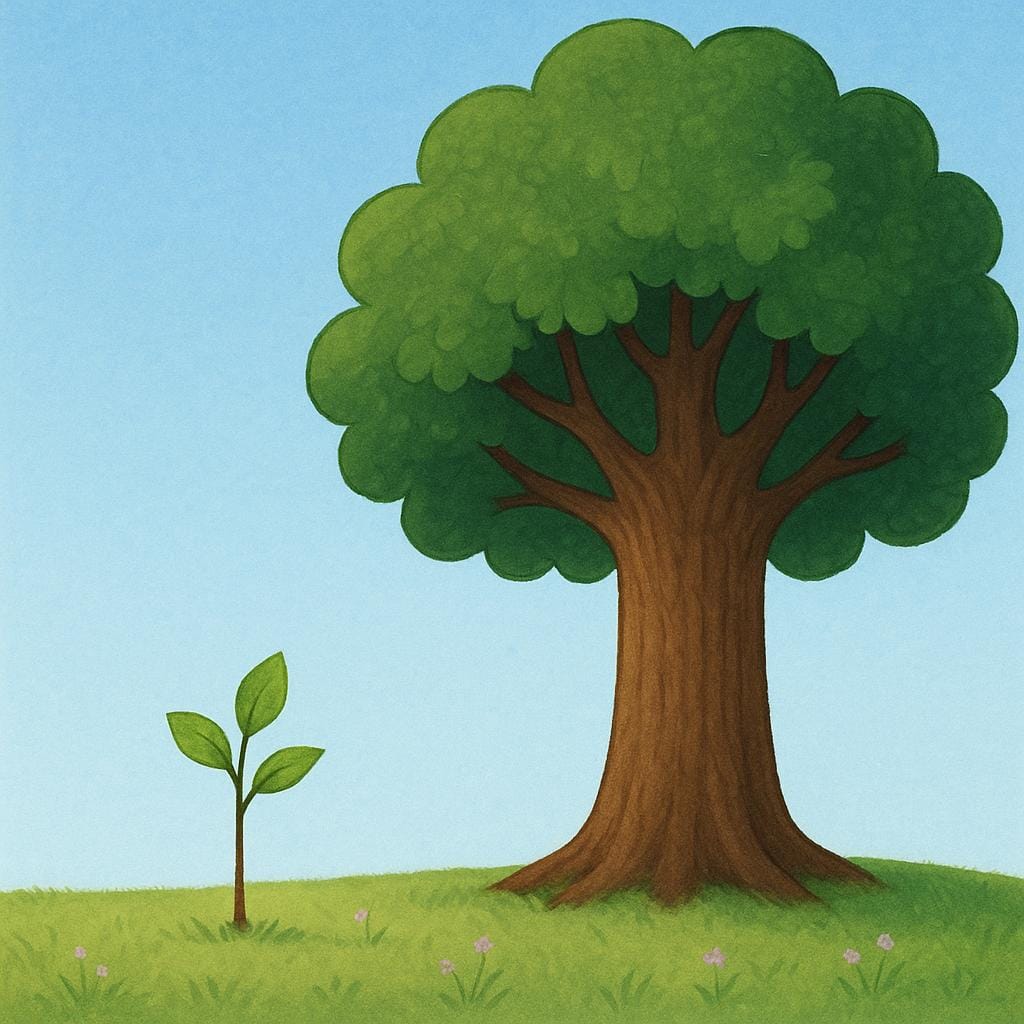 A small sapling growing into a mighty oak tree, symbolizing growth and achievement through effort.