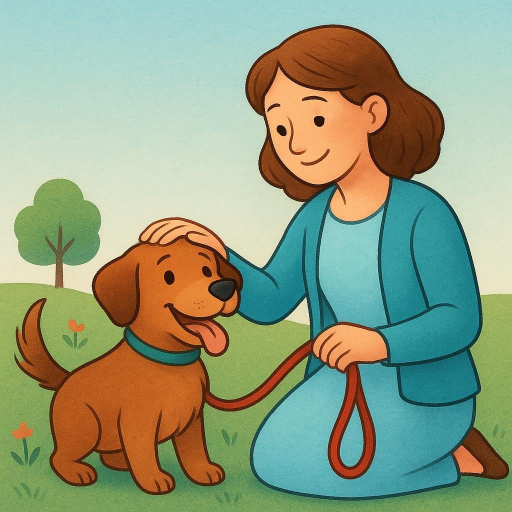 A happy woman standing next to a brown dog, holding its leash, illustrating ownership.