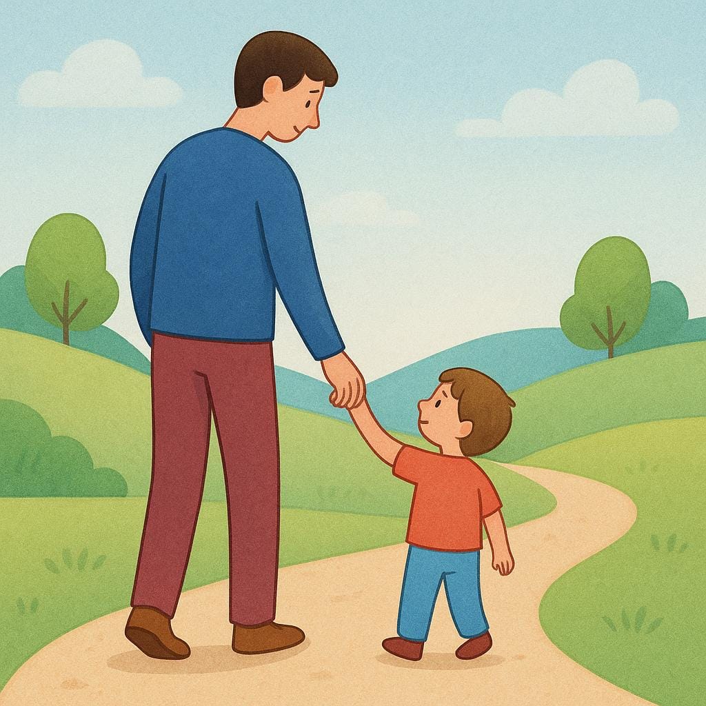 A tall adult human figure holding the hand of a very small child walking on a path, illustrating a difference in age.