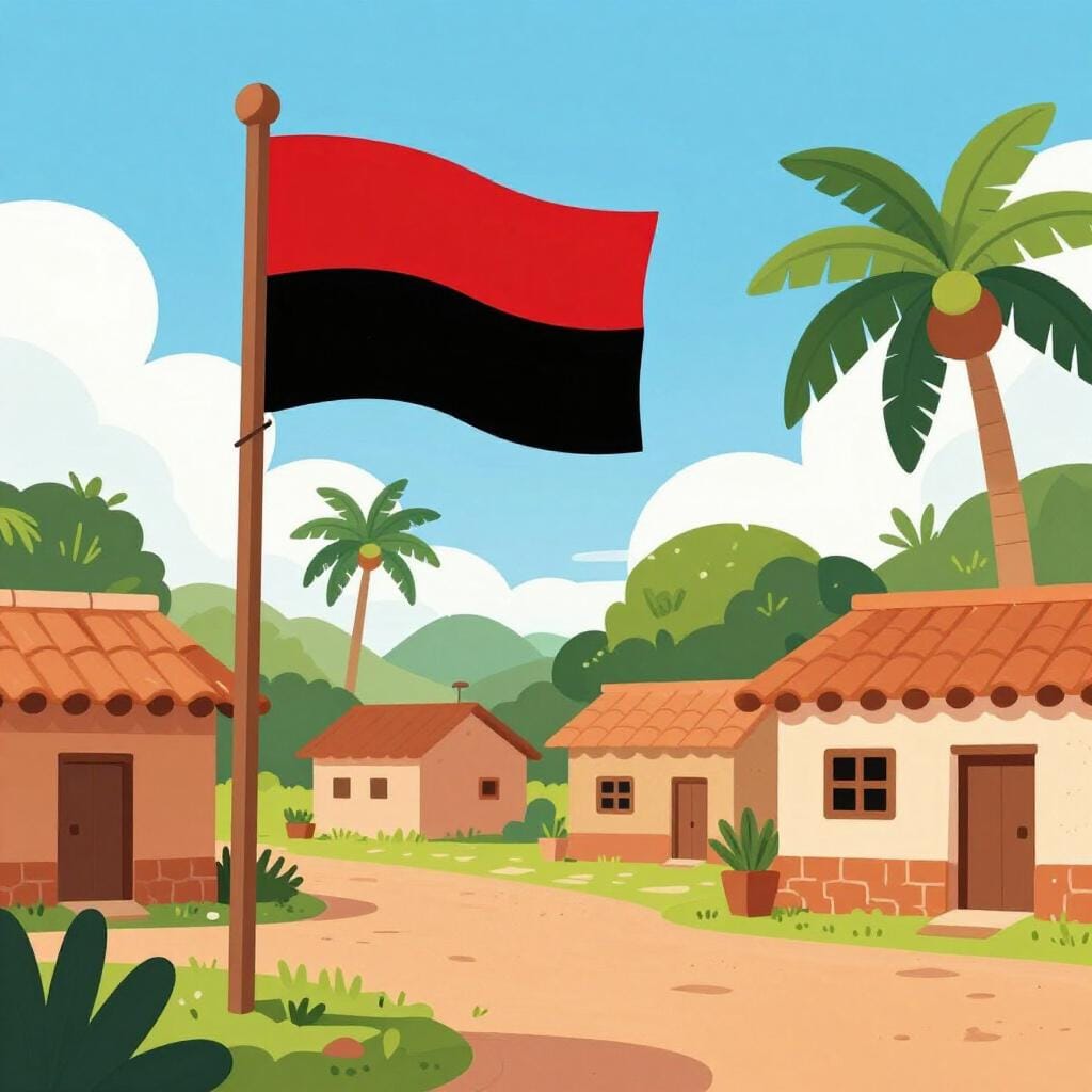 Un drapeau rouge et noir vibrant flottant au-dessus d'un petit village dans une vallée tropicale.