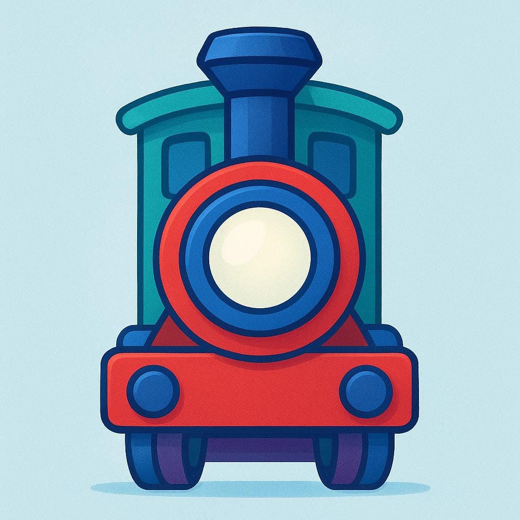A high quality simple colorful storybook illustration of a toy train engine viewed directly from the front, highlighting the forward-facing part.