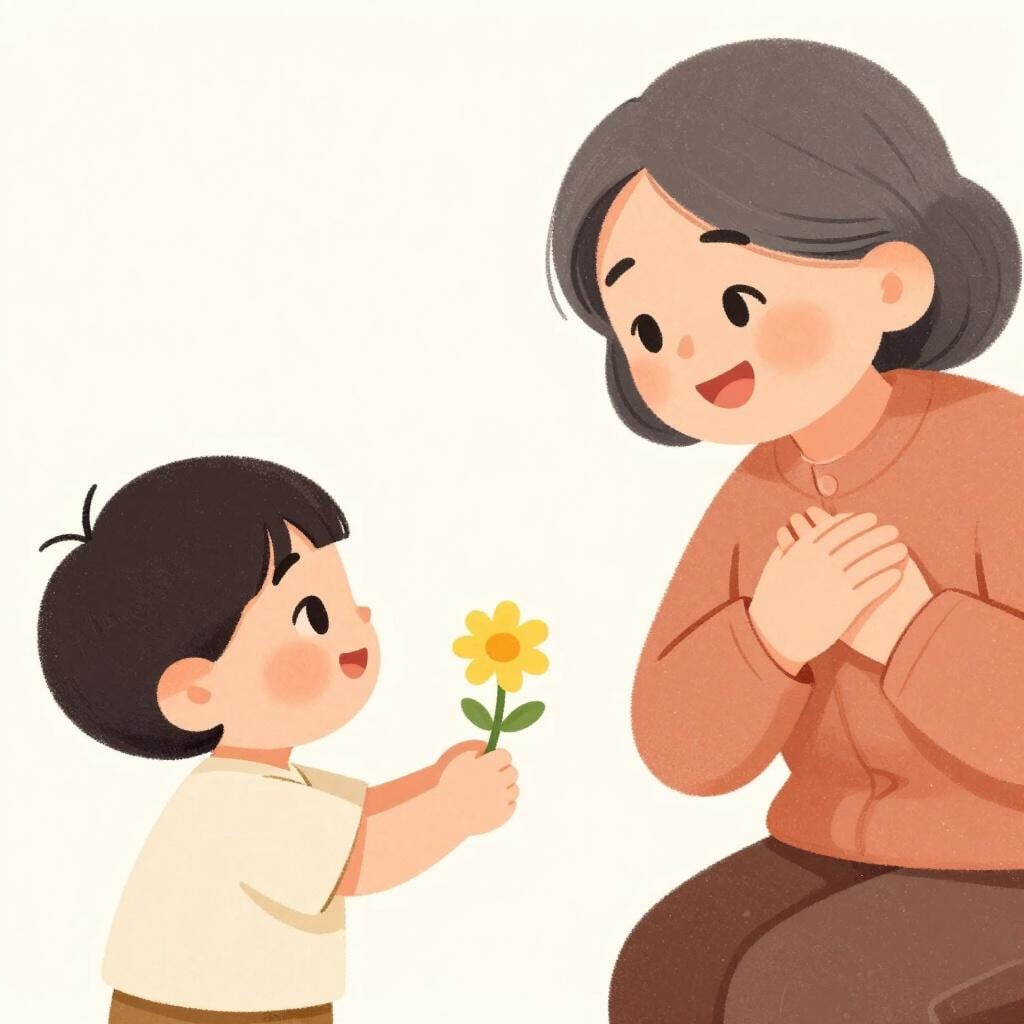 A child handing a single bright flower to an elderly person who is smiling warmly with a hand over their heart.