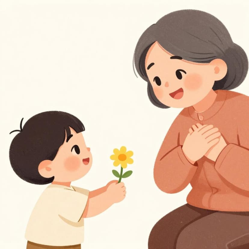 A child handing a single bright flower to an elderly person who is smiling warmly with a hand over their heart.