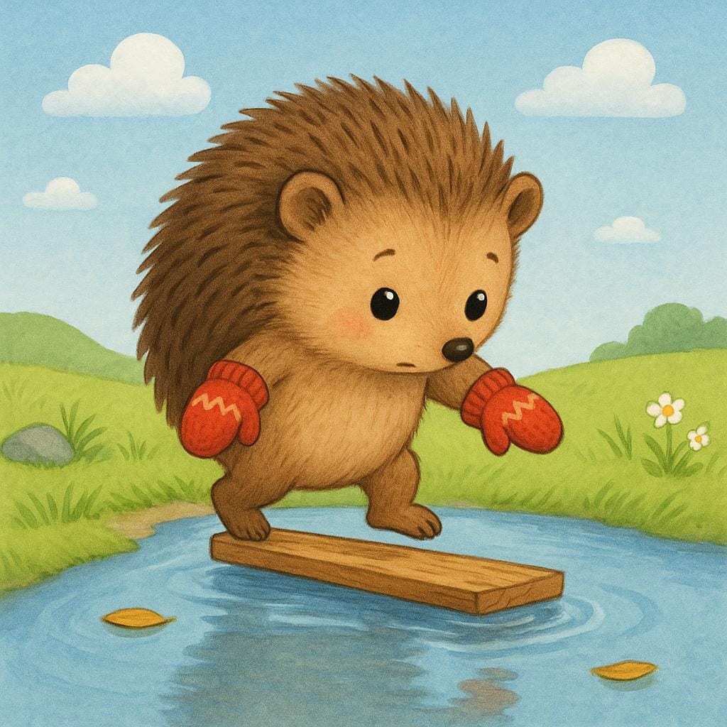 A small hedgehog carefully walking across a puddle using a wooden plank, illustrating caution and prudence.
