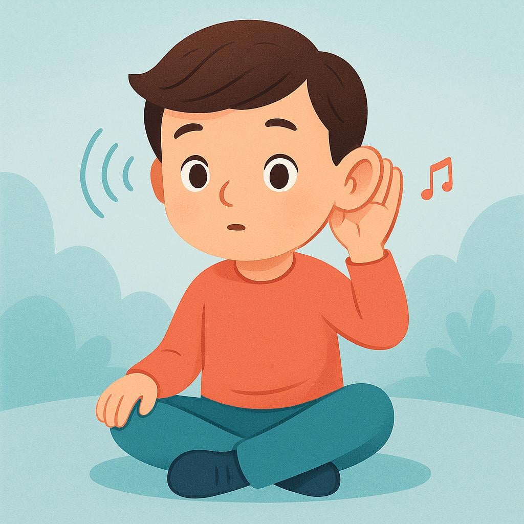 An illustration of a friendly cartoon character with large ears sitting quietly and leaning forward, demonstrating focused attention or listening intently.