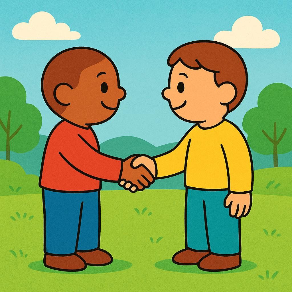 Due figure amichevoli e semplici in stile cartone animato che si stringono la mano calorosamente all'aperto, simboleggiando un incontro programmato.