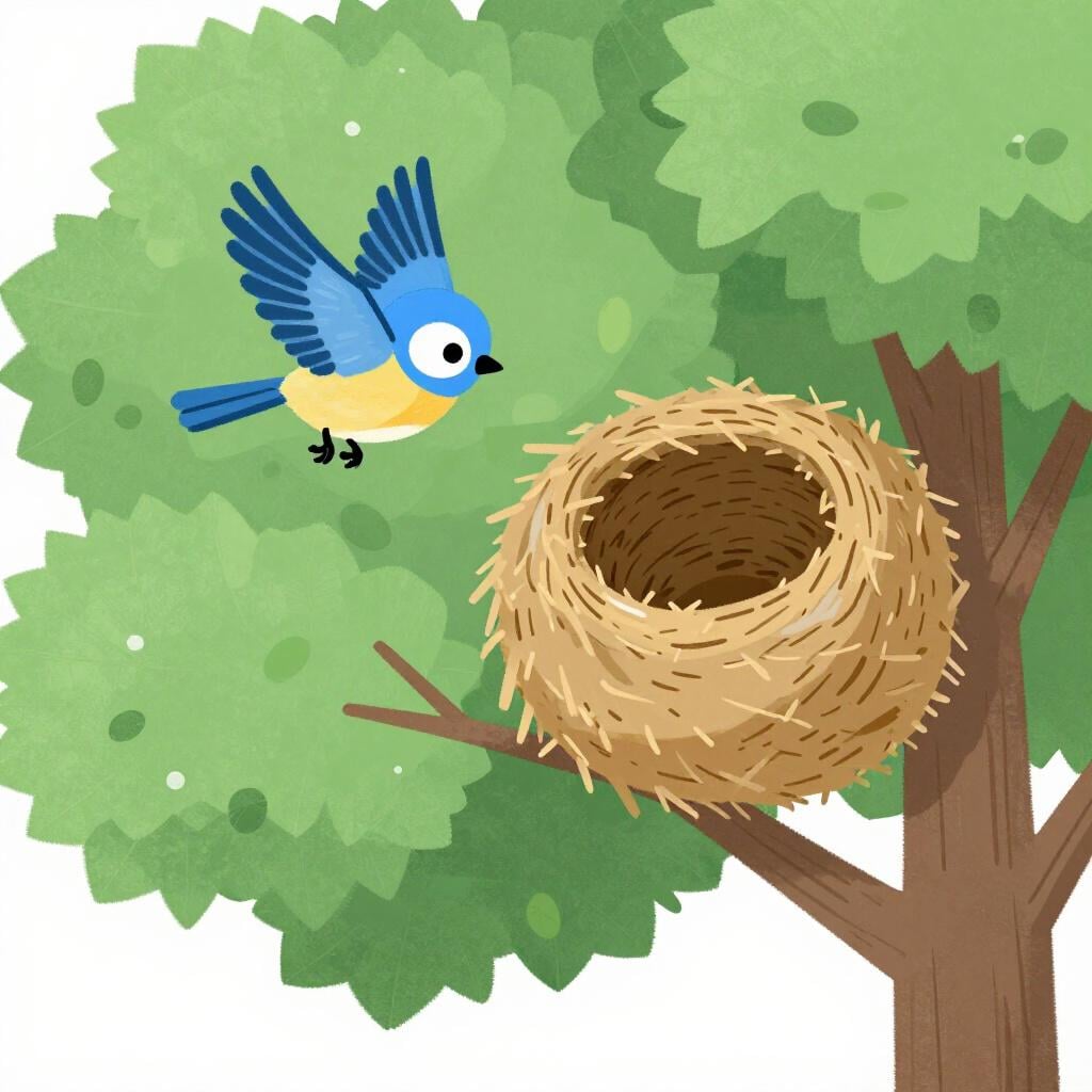 A small bird flying back to its cozy nest in a green tree.