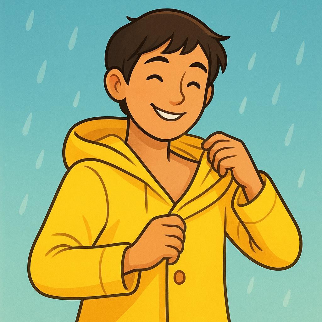 A cartoon character standing, actively pulling a bright yellow coat off their body, illustrating the action of removing clothing.