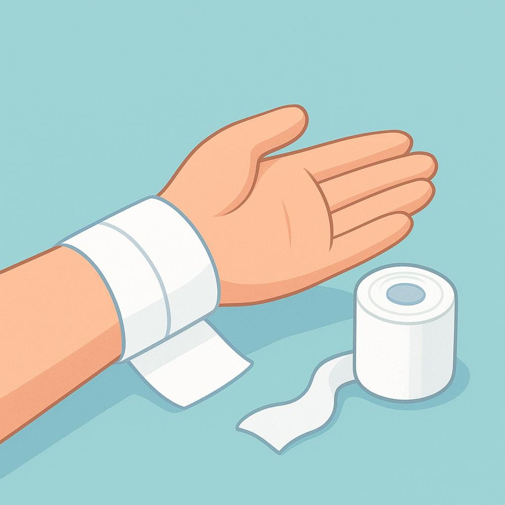 A roll of white medical gauze bandage next to a person's wrapped wrist.