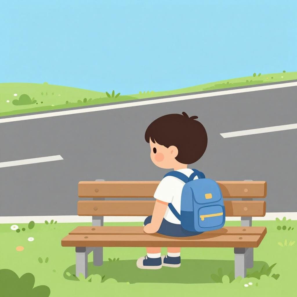 Uma criança sentada num banco de madeira numa paragem de autocarro, a olhar para a estrada com uma mochila.