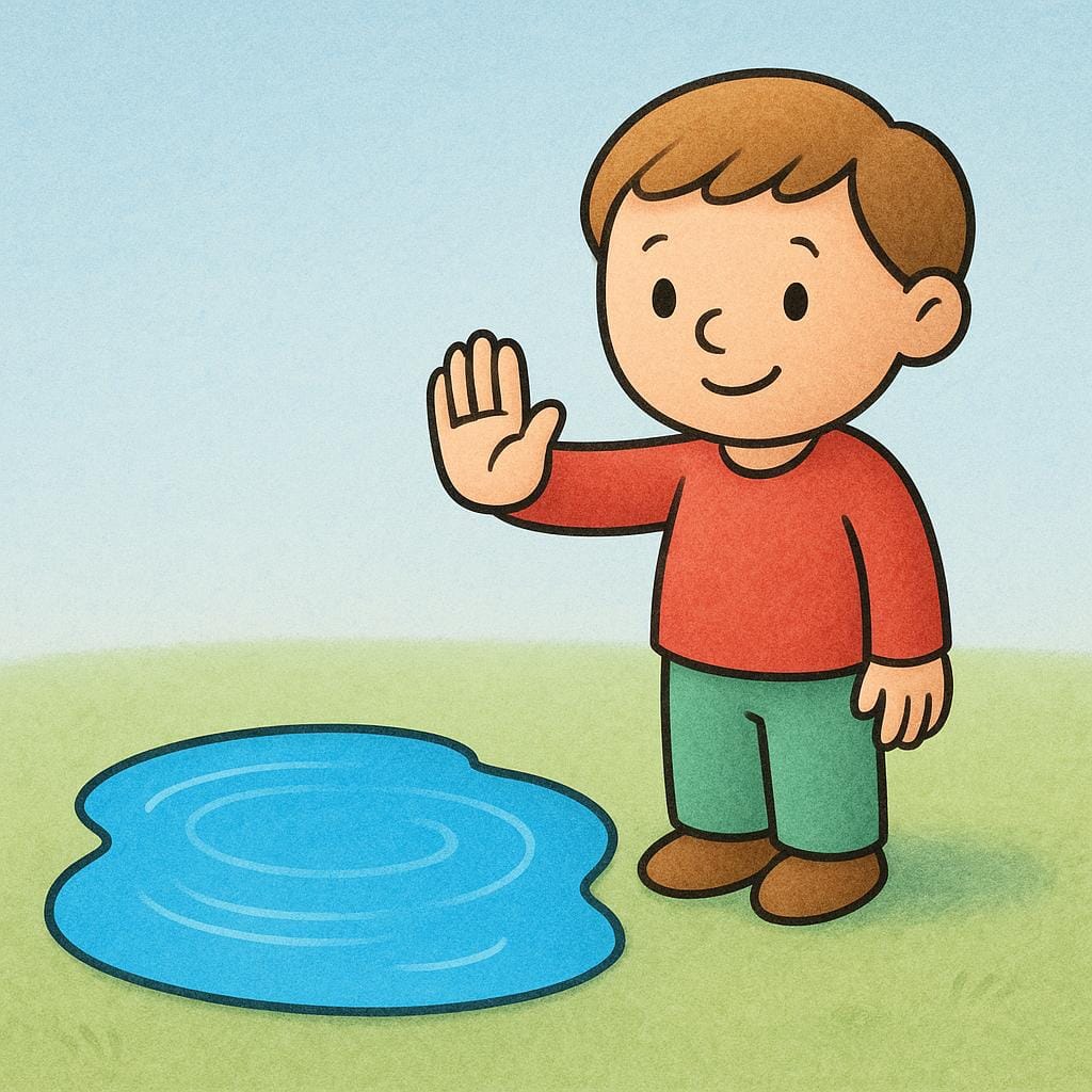 A simple cartoon figure standing next to a large blue puddle, holding up their hand in a clear stopping gesture to warn someone of the hazard.