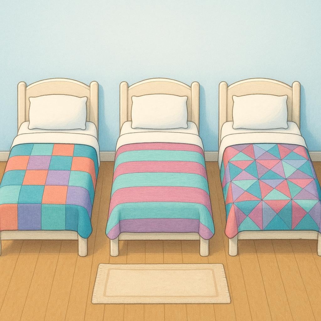 Three simple, identical beds with colorful quilts lined up next to each other in an empty room.
