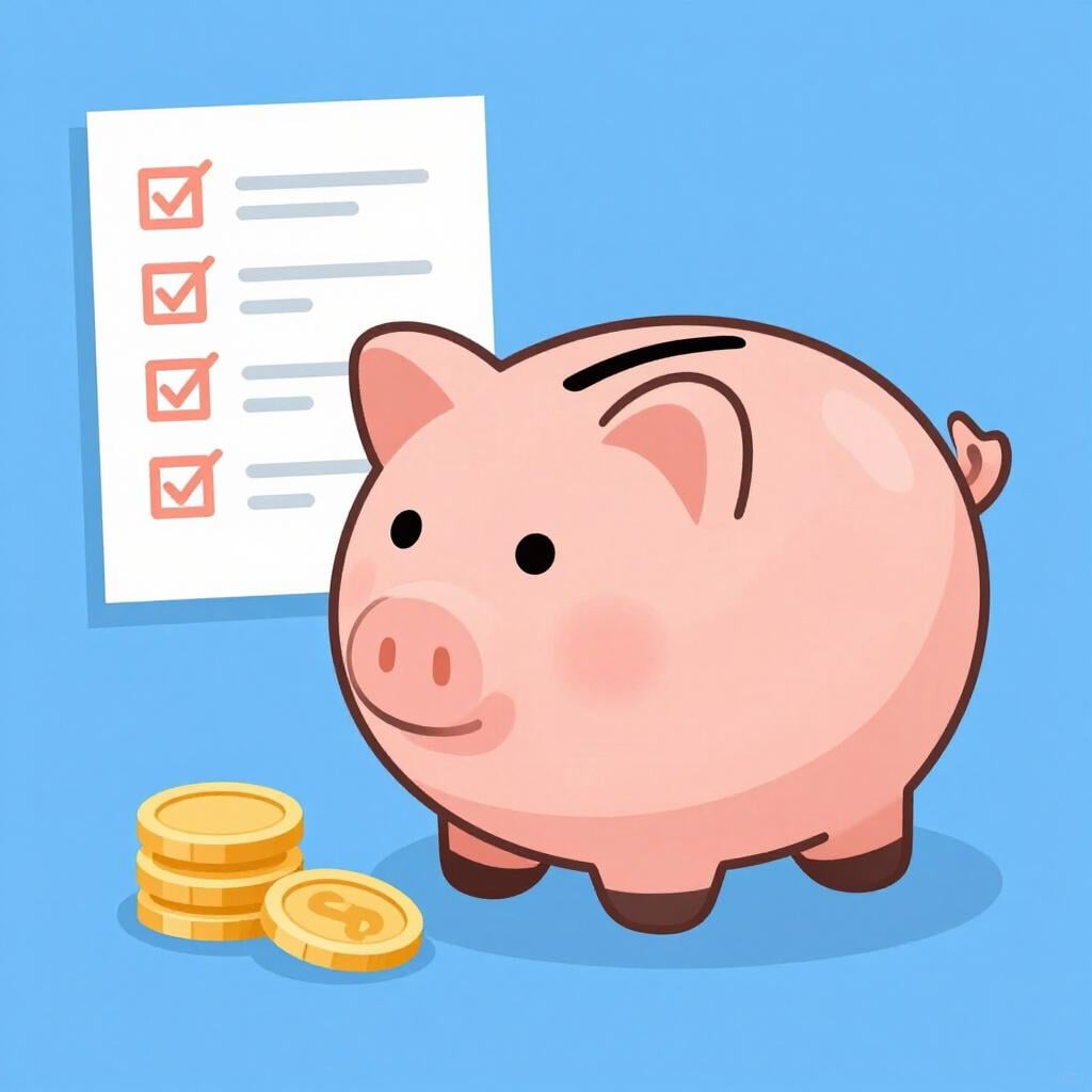 A piggy bank sitting next to a small stack of gold coins and a simple paper list.