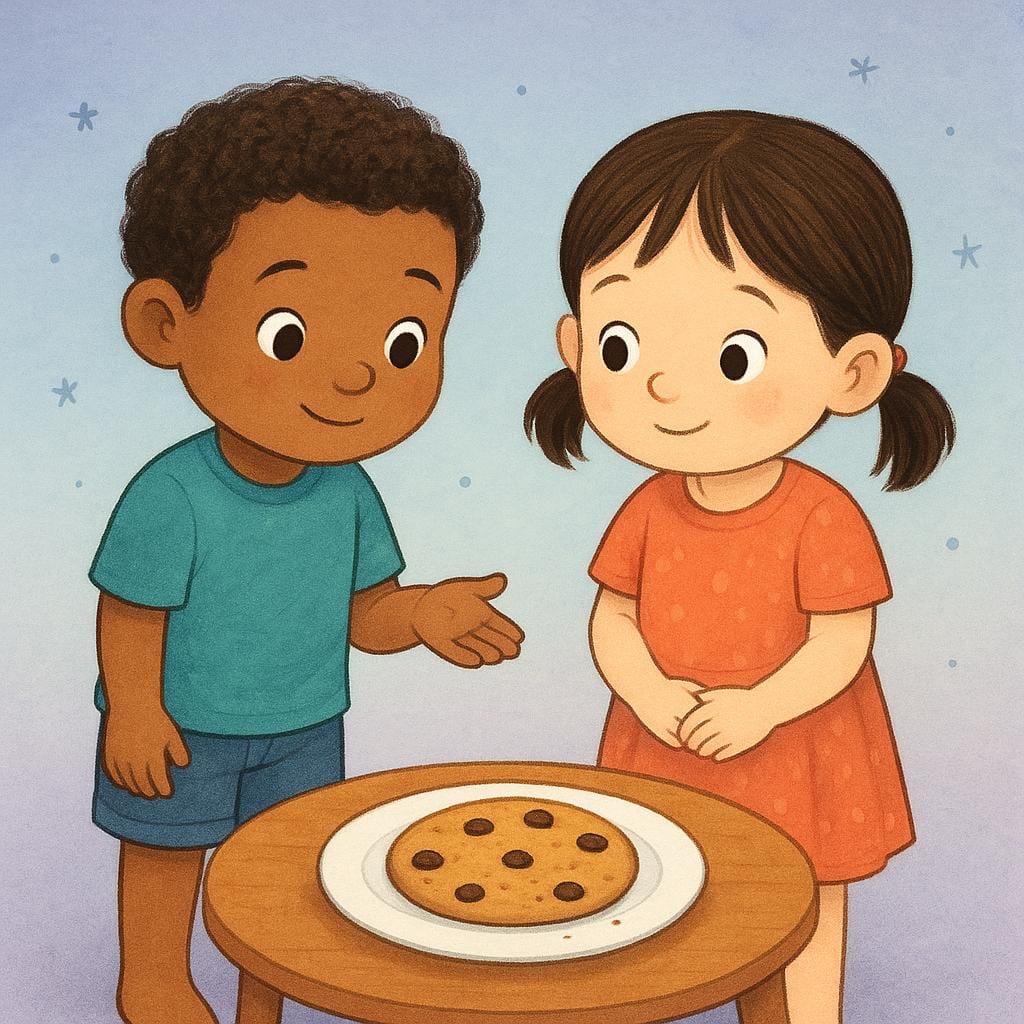 Two small children standing together, looking eagerly at a single cookie on a plate, with one child pointing towards it in a requesting gesture.