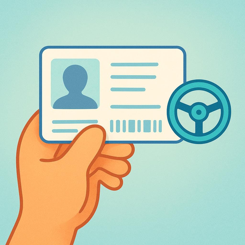 A stylized hand holds up a simple, rectangular identification card next to a small illustration of a steering wheel, symbolizing a driving permit.