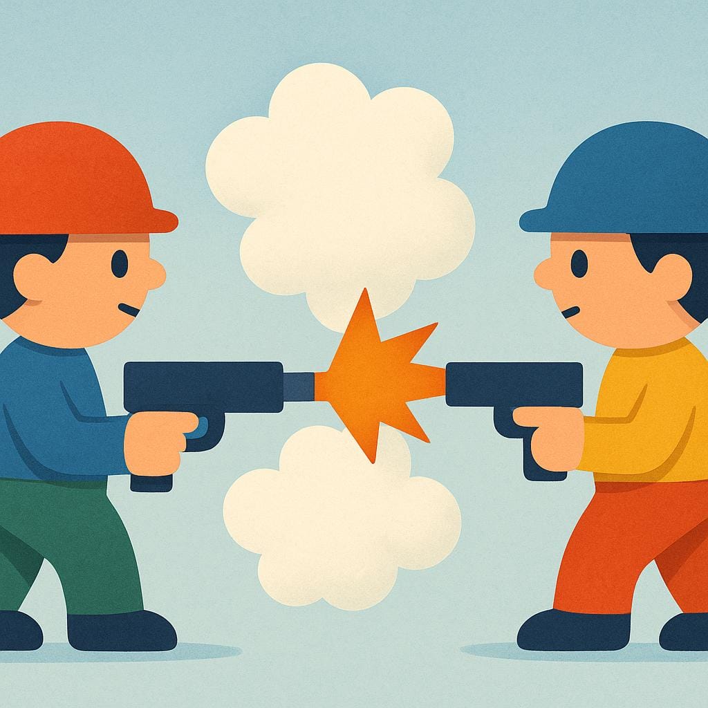 Een kleurrijke stripboekillustratie die twee eenvoudige, gestileerde figuren toont die tegenover elkaar staan, beiden actief helder oranje mondingsvlammen en rookpluimen over een korte afstand uitwisselen.