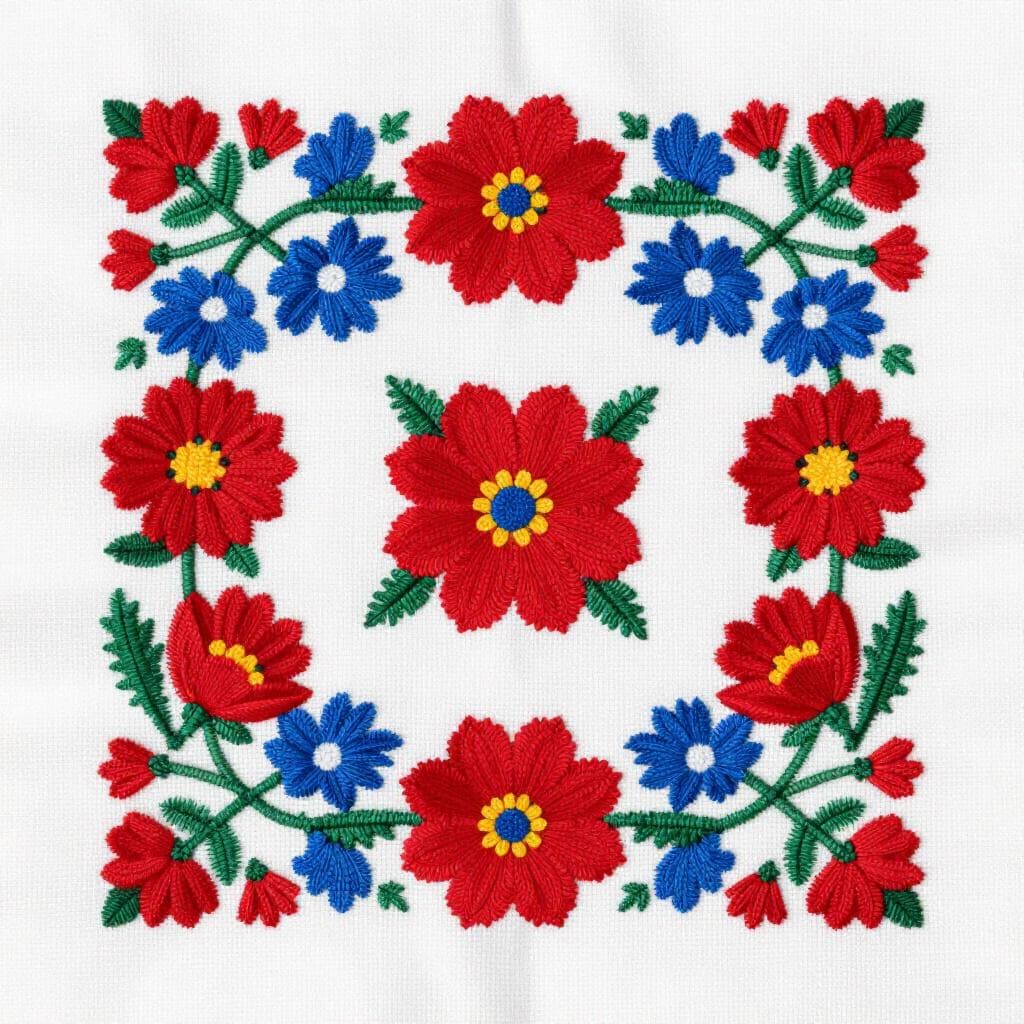 Un motivo floreale ricamato tradizionale ungherese su un panno bianco.
