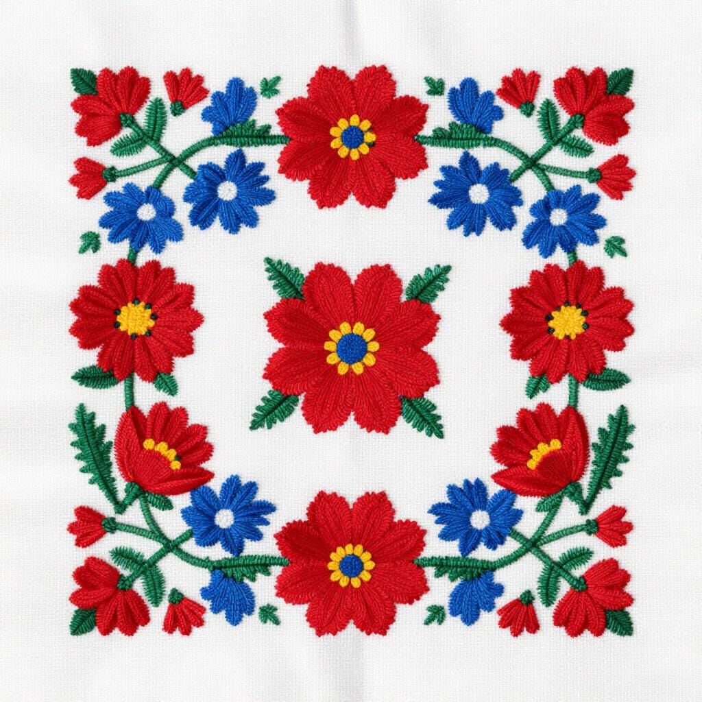 Un motivo floreale ricamato tradizionale ungherese su un panno bianco.