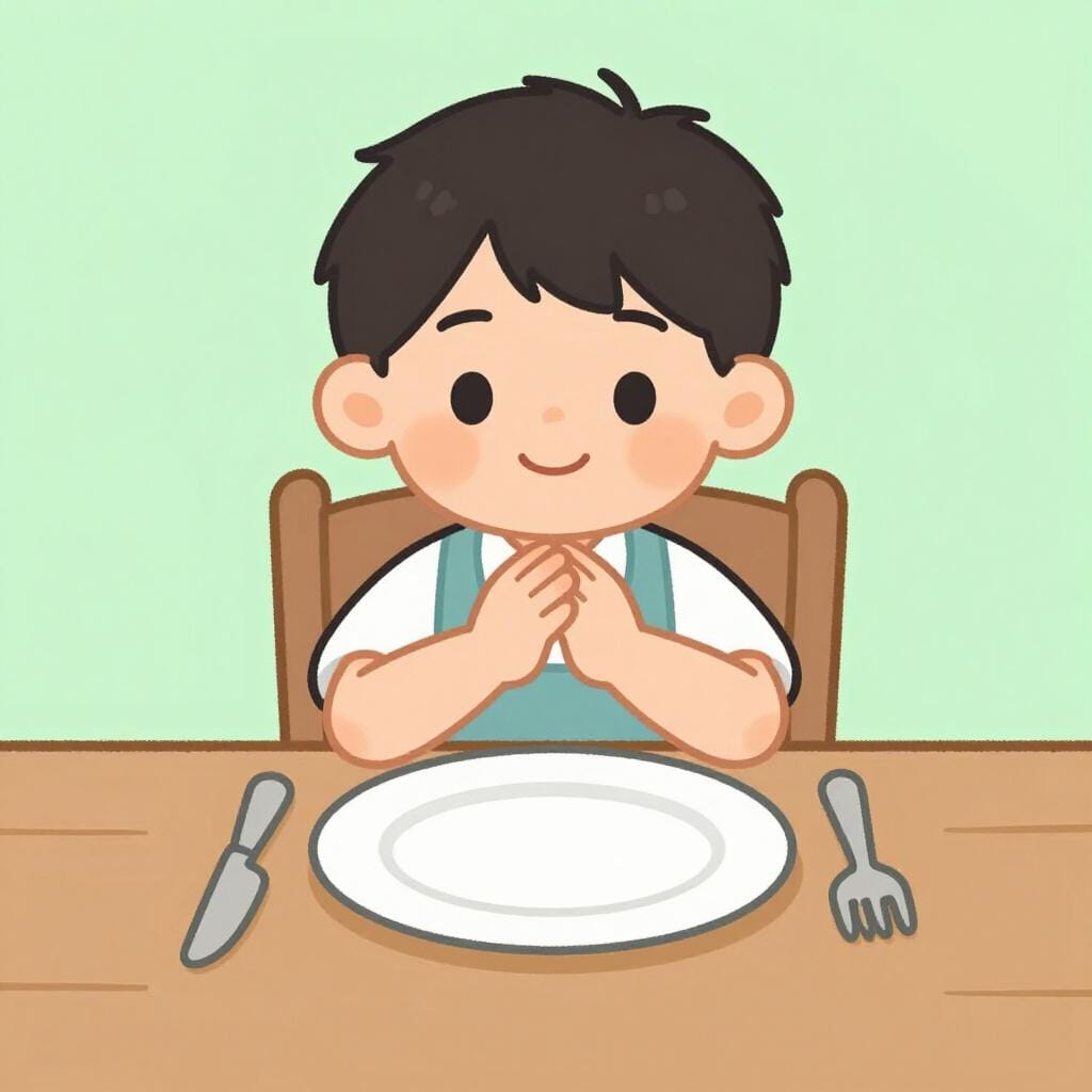 Un enfant assis très proprement et poliment à une table de dîner, mains jointes.