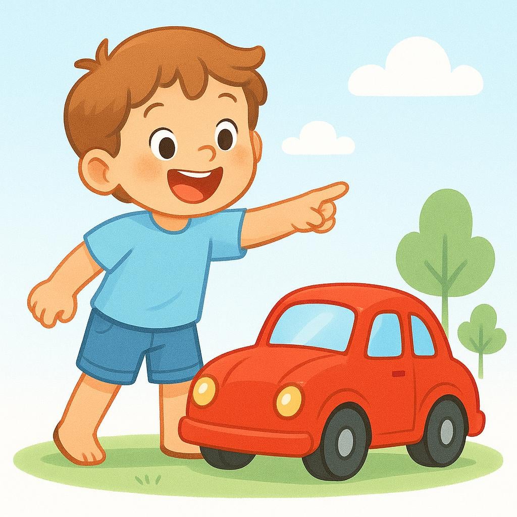 A small child with wide eyes and a beaming smile points eagerly at a bright red toy car sitting on a shelf, clearly expressing desire.