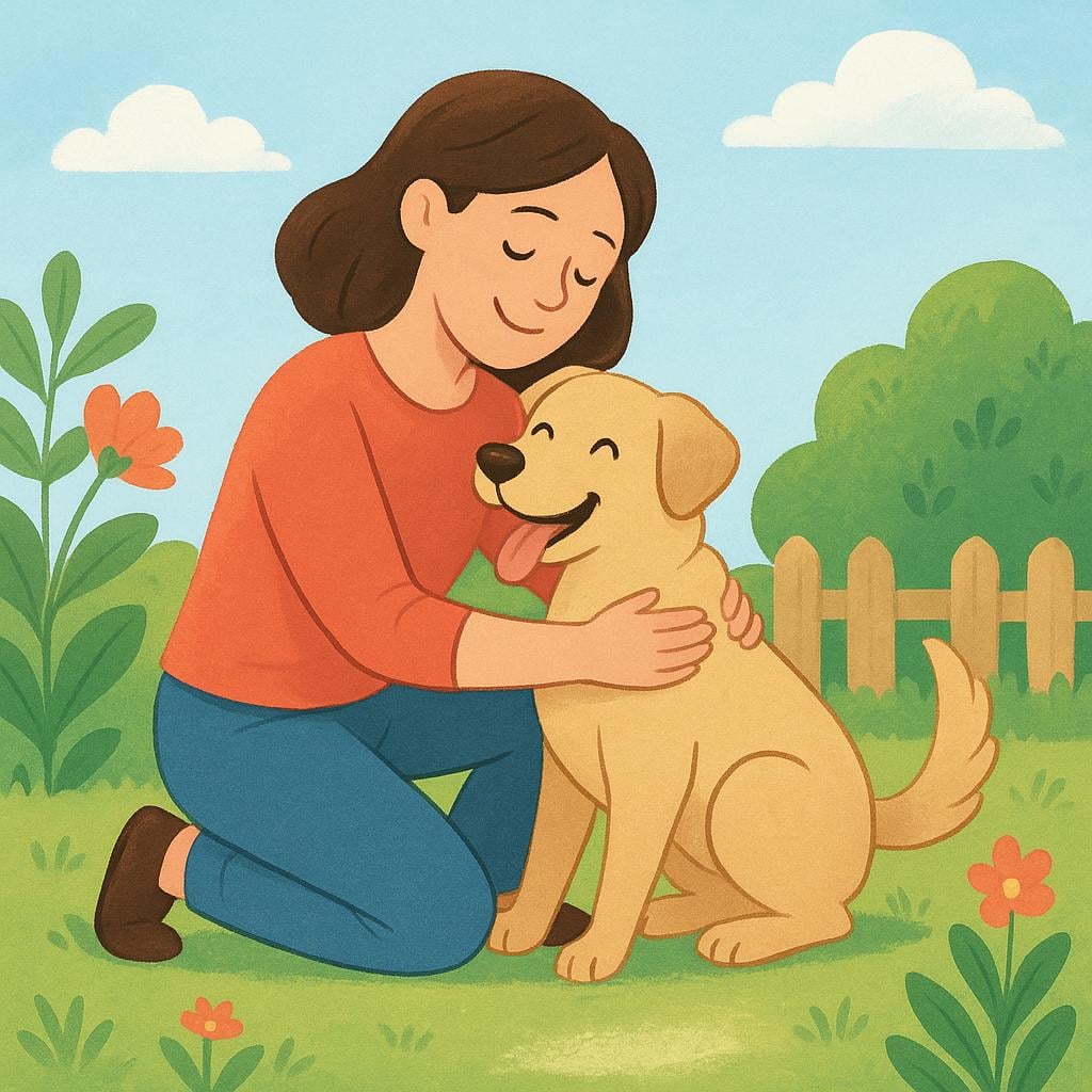 A person gently hugging a large, friendly golden retriever dog, showing deep affection and warmth.