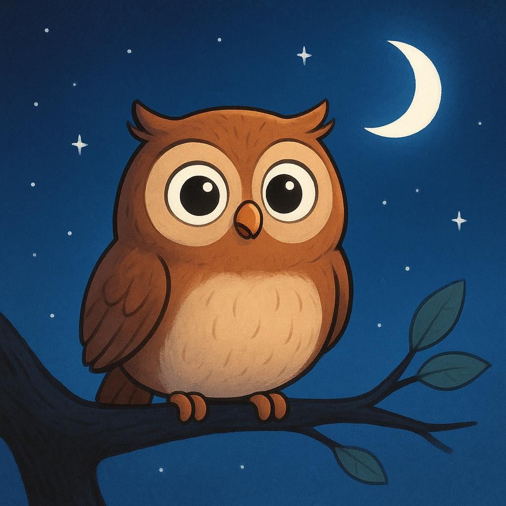 A simple illustration of a wide-eyed brown owl perched on a dark tree branch under a deep blue night sky with a crescent moon and stars.