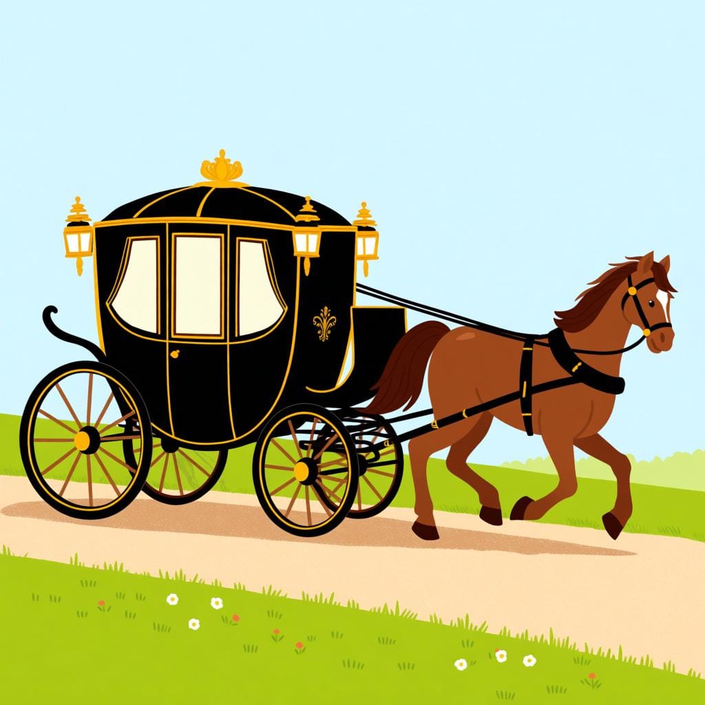 An elegant, historical horse-drawn carriage with large wooden wheels, pulled by a single horse.