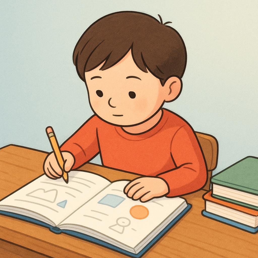 Um jovem estudante sentado em uma escrivaninha de madeira com um grande livro aberto e um lápis, concentrado intensamente na leitura.