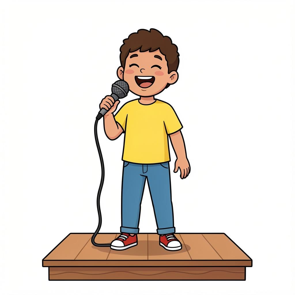 A person standing on a stage holding a microphone, laughing.