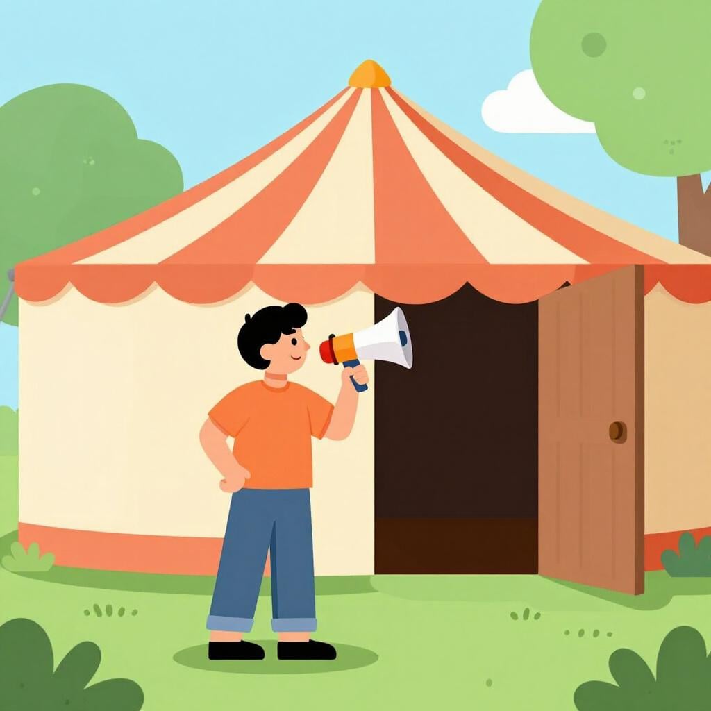 A person standing on a small stage holding a colorful megaphone and pointing towards a festive entrance.