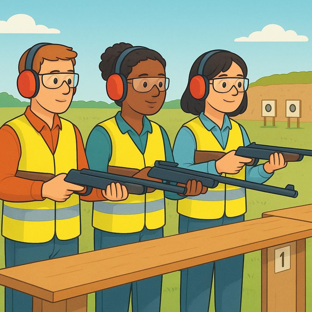 An illustration showing three individuals at a bright target range, standing ready with their air rifles aimed down range, waiting for a signal to fire.