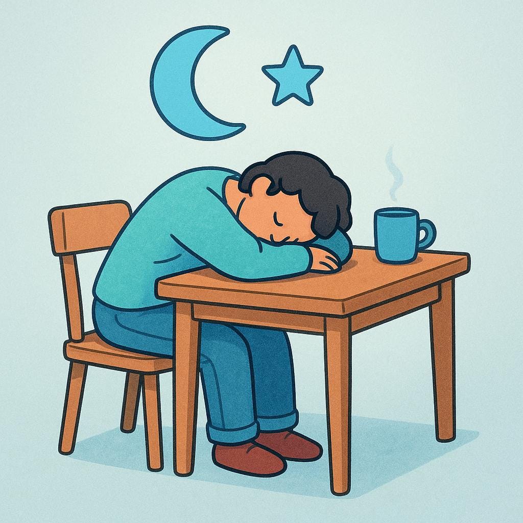 Een personage zit rechtop aan tafel, maar is plotseling in slaap gevallen en rust met het hoofd op de armen. Een klein maansikkel-symbool zweeft bij het hoofd.