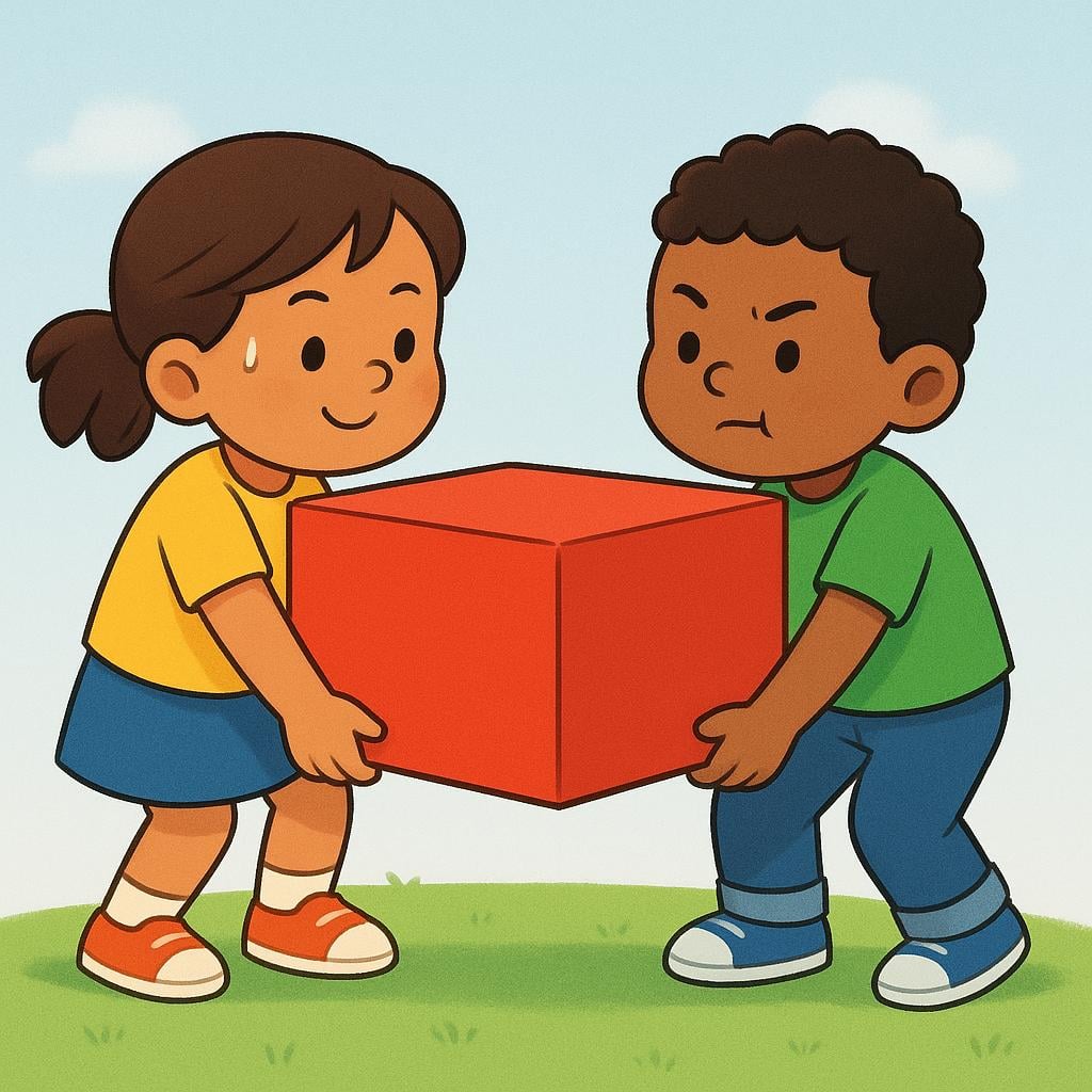 Two smiling children, a boy and a girl, are carrying a heavy, oversized red box together across a green field, illustrating the act of transporting objects.