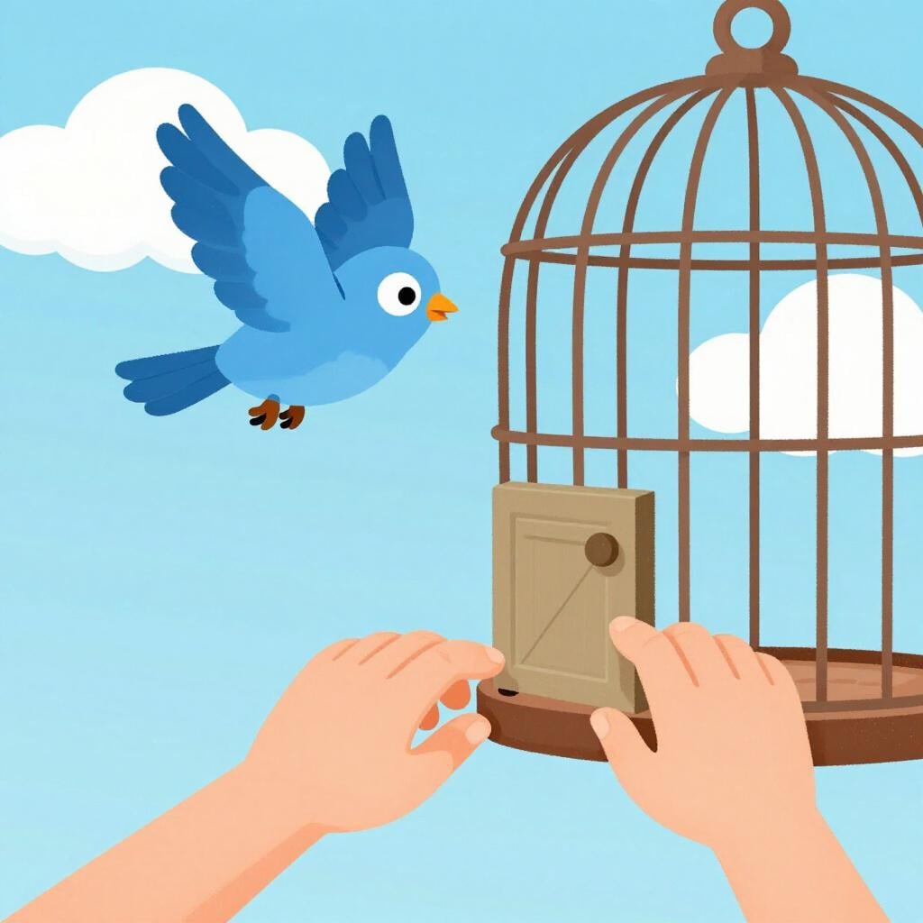 A pair of hands opening the door of a small wooden cage to let a bright blue bird fly out into a sunny sky.